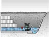 A diagram showing a submersible pump in a water-filled pit, with stacked blocks on one side and a drainage pipe leading away. Náhled obrázku produktu