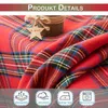 A close-up of a red plaid fabric, likely a curtain, with a small wooden star tag that says 'X-MAS'. Below the fabric are four circular icons with text. Produktbild-Vorschau