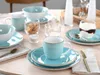 A table setting with a set of aqua-colored dishes, including plates, bowls, and mugs, along with cutlery and a dessert in a glass. Produktbild-Vorschau