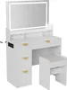A white vanity table with a lighted mirror and a stool, set against a white background. Produktbild-Vorschau