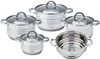 A set of stainless steel pots with glass lids, arranged on a white background. Anteprima dell’immagine prodotto