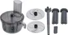 A set of food processor attachments, including blades, a pusher, and containers, laid out on a white background. Produktbild-Vorschau