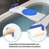 A bath seat with a rotating seat and handles is placed over a bathtub filled with water. Insets show a hand gripping a handle and a bar of soap on the seat. Náhľad obrázku produktu