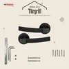 A marketing image showcasing a pair of black door handles with accompanying hardware and text. Produktbild-Vorschau