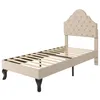 A single bed frame with a tufted headboard and wooden slats, shown against a white background. Náhled obrázku produktu