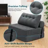 A gray sofa bed is shown in a living room setting, with close-up insets highlighting its features. Náhled obrázku produktu