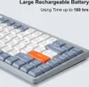 A close-up view of a mechanical keyboard with a focus on its keys and a text overlay highlighting its battery life. Produktbild-Vorschau