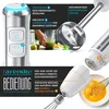 A collage of images showcasing an immersion blender and its features, with text overlays explaining its functions. Produktbild-Vorschau