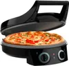 A black electric pizza oven with a pizza inside, shown with the lid open. Voir les images du produit