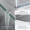 A split image showing details of a shower door, with close-ups of its sealing and magnetic closure. Produktbild-Vorschau