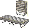 A foldable guest bed is shown in both its open and folded states, with dimensions indicated by yellow lines and text. Náhľad obrázku produktu
