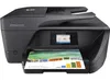 A black HP OfficeJet Pro 6960 printer is shown from the front, with a printed document partially extended from the paper tray. Produktbild-Vorschau