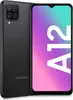 A black Samsung Galaxy A12 smartphone is shown from the back and front, with the screen displaying the product name. Náhľad obrázku produktu