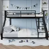 A child's bedroom with a black metal bunk bed, decorated with a banner and toys on the floor. Produktbild-Vorschau