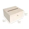 A light-colored wooden box with a slot on top and a small lock on the front, with dimensions indicated by measurement lines and text. Anteprima dell’immagine prodotto