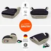 A collage of four images showing a child car seat from different angles, along with marketing text and icons. Náhľad obrázku produktu
