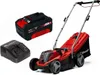 A red and black Einhell lawnmower with a battery and charger displayed on a white background. Produktbild-Vorschau