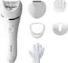 A white Philips epilator and its accessories are displayed against a white background. Náhled obrázku produktu