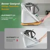 A split image showing two versions of a sliding board for a Thermomix kitchen appliance. The top shows the 'Gleitbrett 2.0' in use with a checkmark, while the bottom shows the 'Gleitbrett 1.0' with a red 'X'. Produktbild-Vorschau