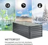 A raised garden bed is shown in the foreground, with three distinct weather scenarios depicted in the background: rain with plants, sunny dry landscape, and a snowy winter scene with trees. Produktbild-Vorschau