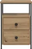 A front view of a wooden nightstand with two drawers and a metal frame. Voir les images du produit