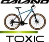 A blue and black mountain bike is shown against a white background with text overlays. Produktbild-Vorschau