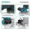 A collage of four close-up images showcasing different features of a cordless circular saw. Voir les images du produit
