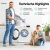 A man is loading laundry into a washing machine, while a boy and a dog are sitting next to it. The image highlights technical features of the washing machine. Voir les images du produit