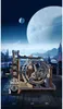 A 3D wooden marble run model is displayed in a futuristic, sci-fi inspired environment with large planets in the sky and a city skyline in the background. Podgląd zdjęcia produktu