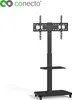 A black TV stand with a mount for a flat-screen TV and two shelves, shown on a white background. Produktbild-Vorschau