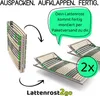 An illustration showing a folded slatted bed base, an unfolded slatted bed base, and a speech bubble with text. Produktbild-Vorschau