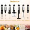 A collage of images showing a hand blender with various attachments and food items. Produktbild-Vorschau