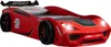 A red race car bed for children, shown from a diagonal front-side view against a white background. Produktbild-Vorschau