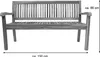 A wooden garden bench shown from the front with dimensions indicated. Produktbild-Vorschau