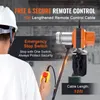 A person wearing a hard hat is shown from behind, looking at an electric chain hoist with a remote control. Produktbild-Vorschau