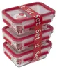 A stack of three glass food storage containers with red lids, held together by a red band with white text. Náhľad obrázku produktu