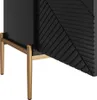 Close-up view of the lower section of a black sideboard with gold legs and a geometrically patterned front. Produktbild-Vorschau