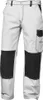 A pair of white work pants with black knee patches and a black cargo pocket. Podgląd zdjęcia produktu
