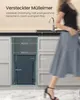 A woman walks past a kitchen cabinet with a hidden trash can inside, showing dimensions. Produktbild-Vorschau