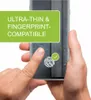 Hands holding a smartphone with a fingerprint scanner icon and a checkmark. Produktbild-Vorschau