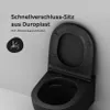A black toilet with the lid up, mounted on a light gray wall. Text and an icon are present on the left side of the image. Produktbild-Vorschau