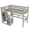 A gray loft bed with stairs and storage compartments, shown from a three-quarter angle against a white background. Produktbild-Vorschau