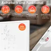 Collage showing features of an infrared heater, with a close-up of the product on the lower half. Produktbild-Vorschau