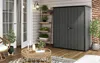A patio or balcony setting with a storage shed, furniture, and plants. Podgląd zdjęcia produktu