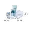 A clear plastic shower caddy with two bottles of toiletries inside, shown with dimensions indicated by text overlays. Produktbild-Vorschau