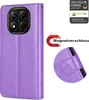 A purple flip case for a smartphone, shown with a close-up of its magnetic closure and decorative butterfly embossing. Marketing text and logos are present. Produktbild-Vorschau