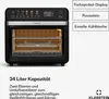 A product shot of a black air fryer oven with text overlays describing its features and specifications. Produktbild-Vorschau