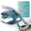 A travel steam iron is shown in a suitcase with clothes and shoes. The iron is depicted in a folded and an unfolded state, illustrating its portability. Text overlays highlight its features and benefits for travel. Produktbild-Vorschau