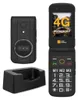 A rugged flip phone, its charging cradle, and a close-up of its keypad are displayed against a light gray background. Produktbild-Vorschau