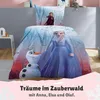 A bedding set featuring characters from Frozen, displayed on a bed in a room setting. Produktbild-Vorschau